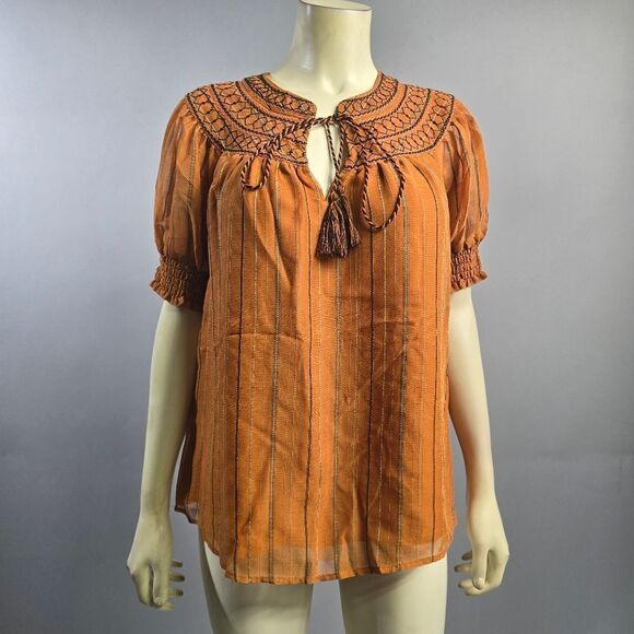Moon River Tops - Moon River Small Embroidered Orange Blouse R5